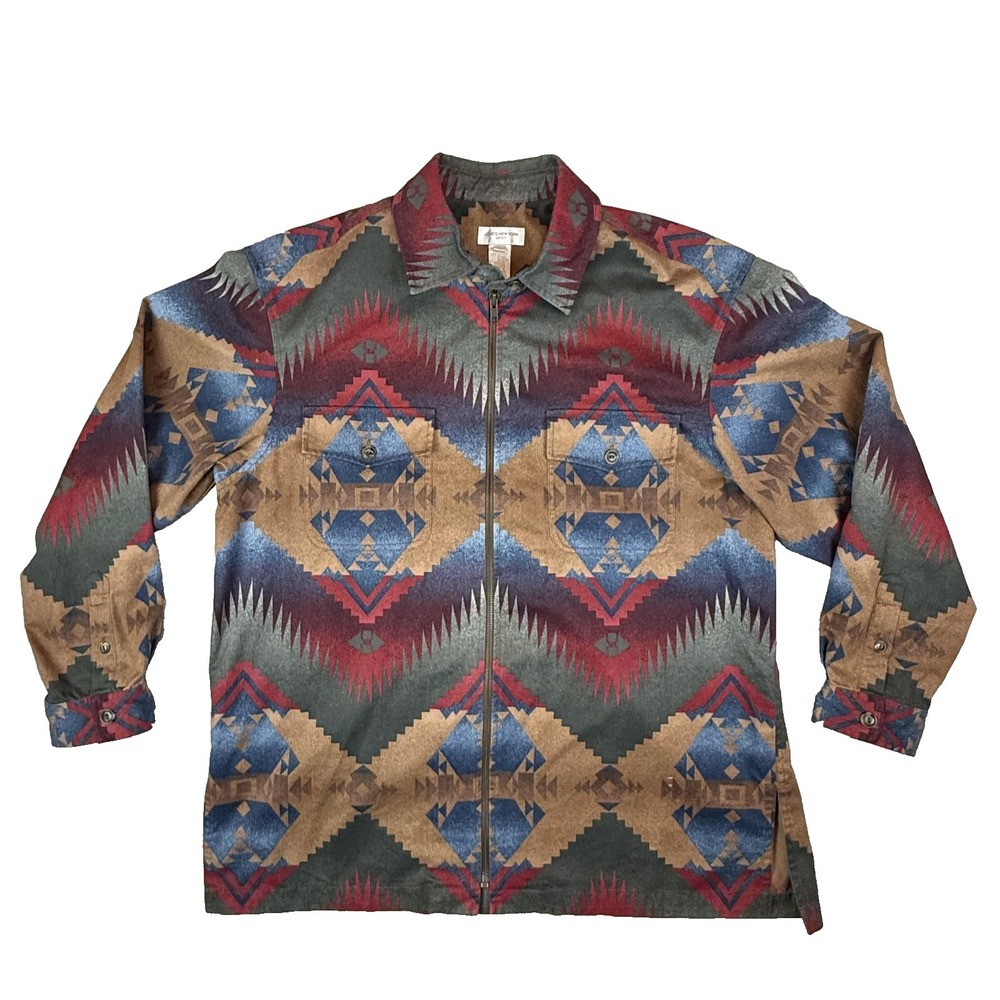 Jones New York Sport Shirt Zip Lightweight Jacket Aztec Mens L Cotton Western